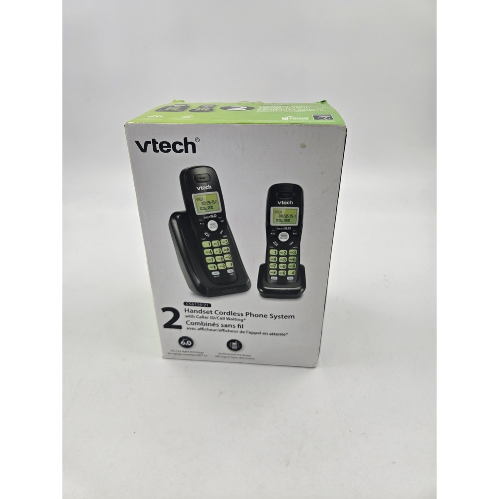 VTech CS6114-21 DECT 6.0 Cordless Phone System 2 Handsets Black Backlit Keypad